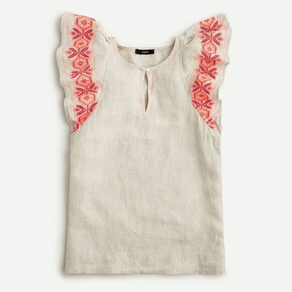 J. Crew Embroidered Linen Keyhole Flutter Sleeve Top Women's Size Large - Picture 1 of 7